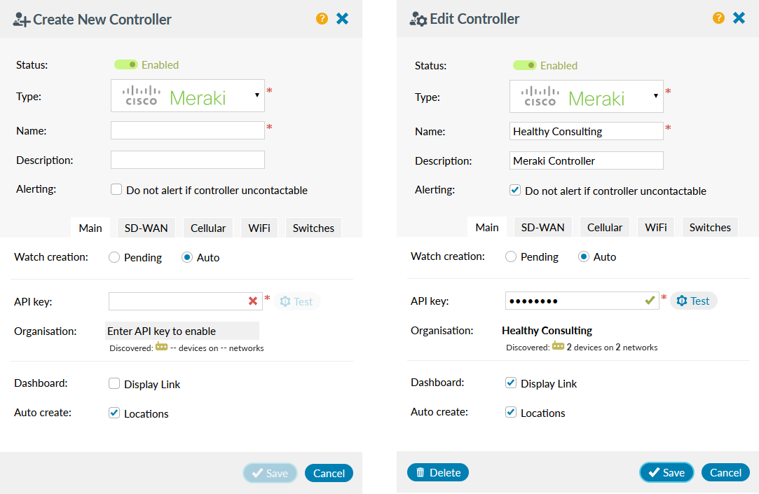 SD-WAN create or edit Meraki controller panel