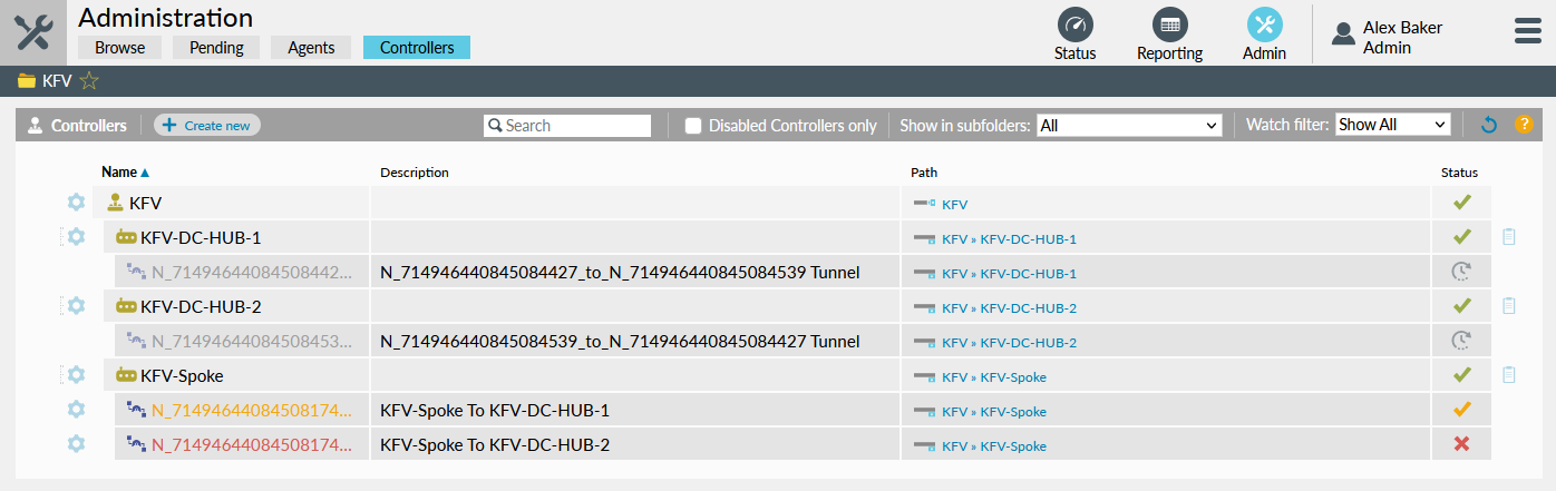 Controllers admin page at folder level