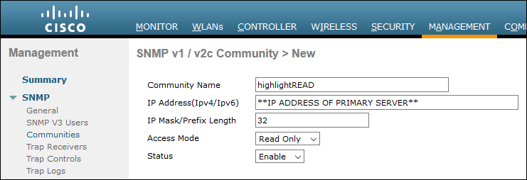 Screen Layout for Cisco WLC SNMP settings